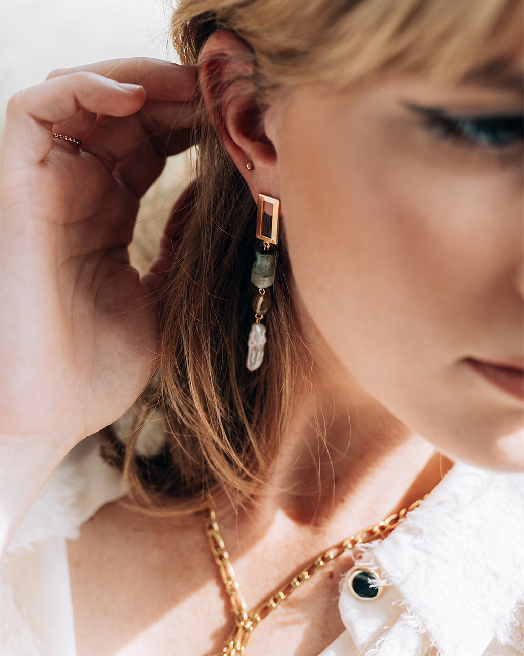 Chivor | Gold Stone And Pearl Long Earrings