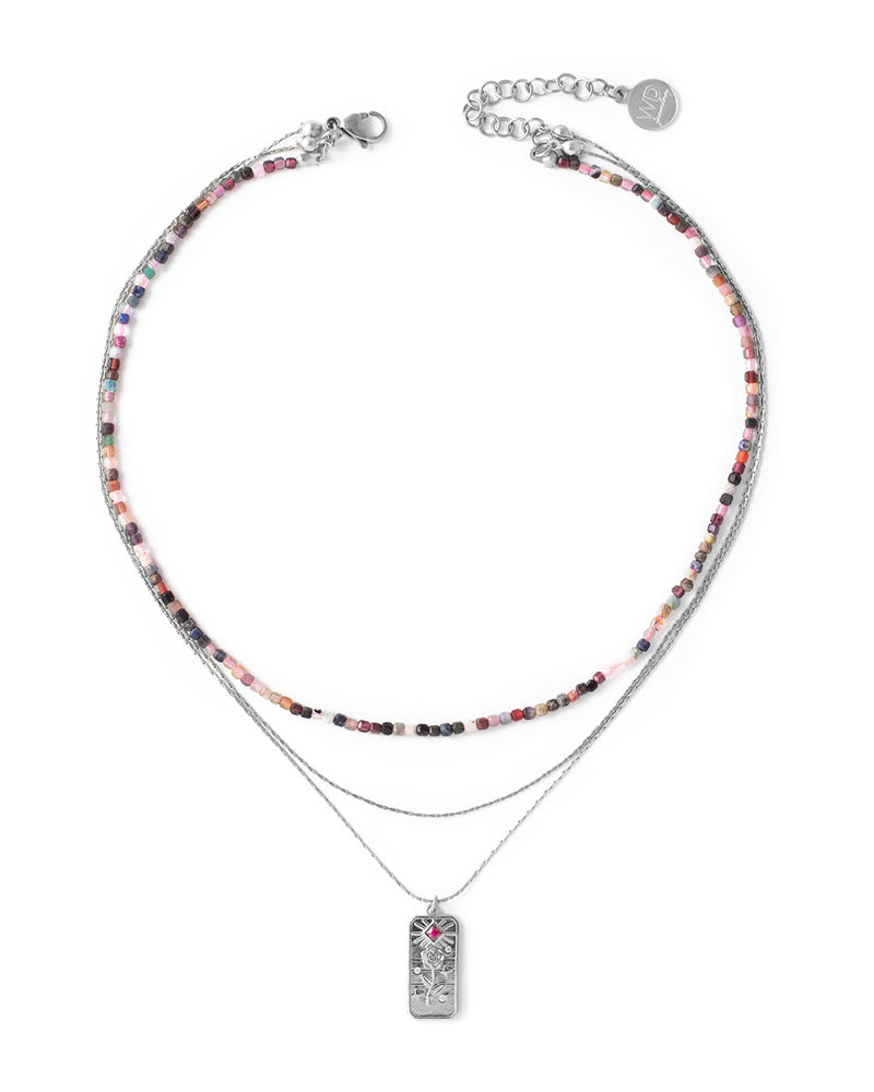 Pivoine | Silver Stones And Medallion Layered Necklace