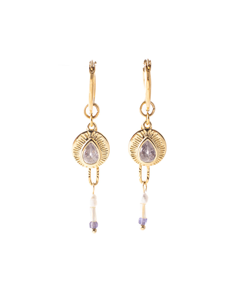 Renaud | Gold Hoops And Crystals Earrings