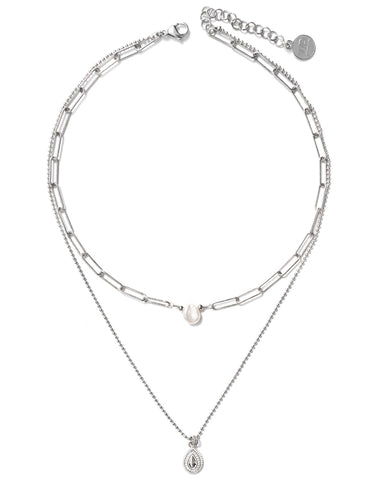 Muzo | Silver Squares And Pearls Layered Necklace